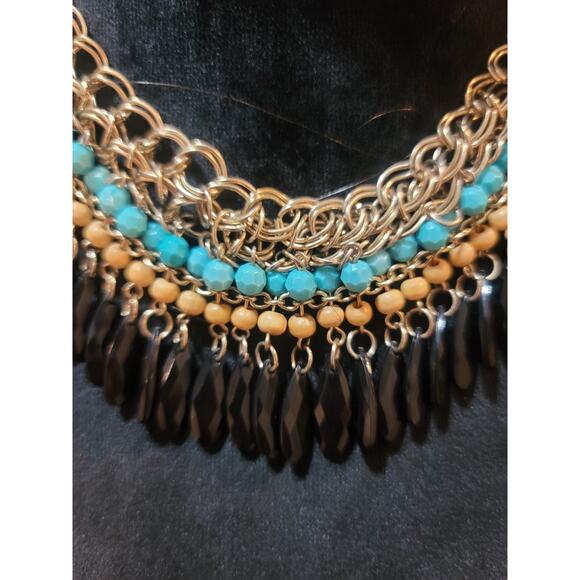 Women Statement Necklace With Turquoise Beads Black Drops And Lobster Clasp Lock - Picture 3 of 6